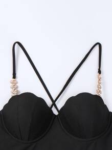 Chain Linked Scallop Trim Lace Up Back Bikini Top - Black - View 4