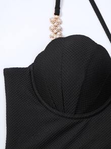 Chain Linked Scallop Trim Lace Up Back Bikini Top - Black - View 6