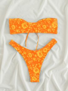 Swim Mod Floral Print Bandeau Bikini Set, Summer Beach Bathing Suit - Orange - View 2