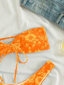 Swim Mod Floral Print Bandeau Bikini Set, Summer Beach Bathing Suit - Orange - View 3
