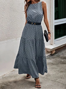 EMERY ROSE 波點圖案荷葉邊連衣裙不附腰帶 - 霧霾藍 - 查看 5