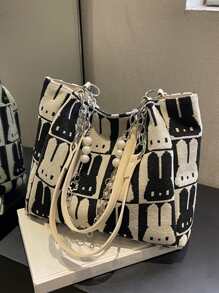Cartoon Rabbit Pattern Shoulder Tote Bag Colourblock Chain & Faux Pearl Decor Double Handle For Daily