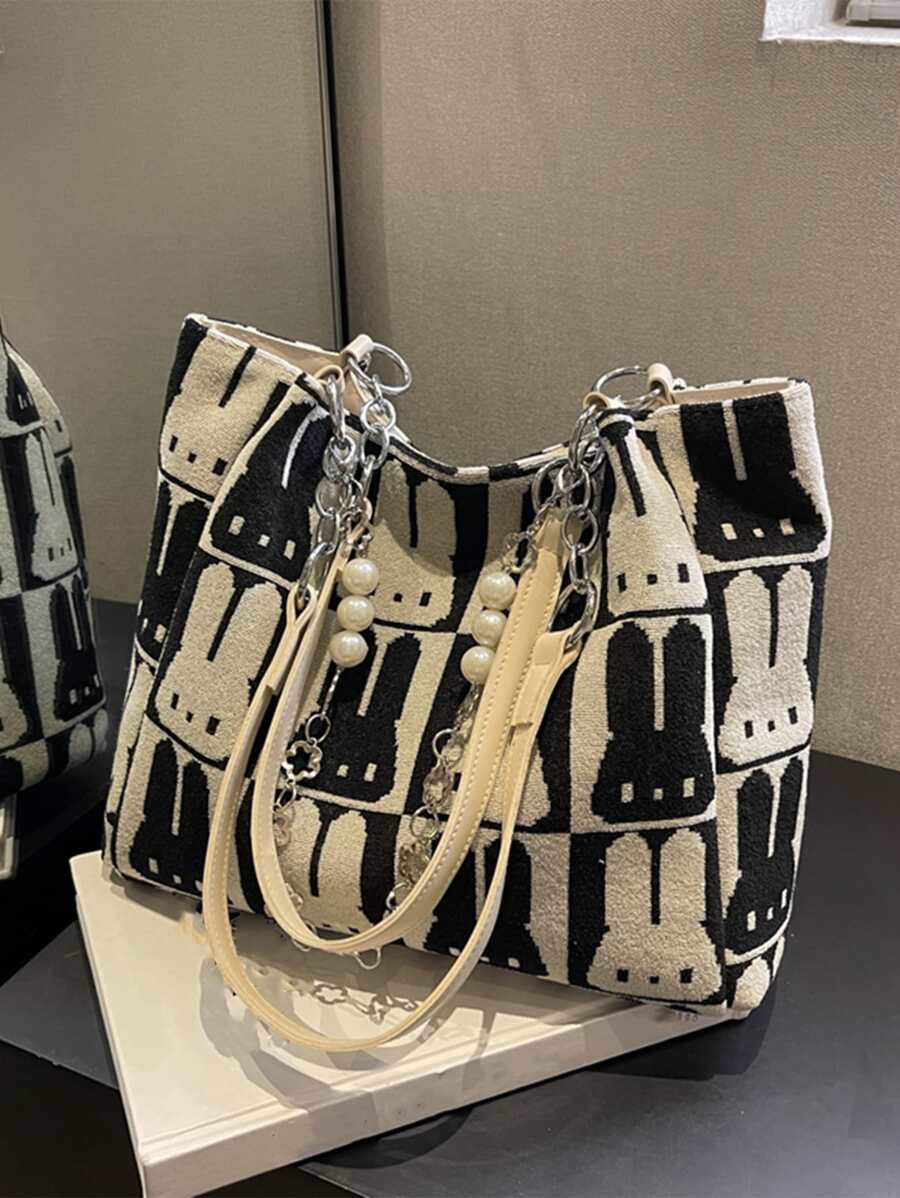 Cartoon Rabbit Pattern Shoulder Tote Bag Colourblock Chain & Faux Pearl Decor Double Handle For Daily
