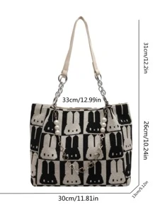Cartoon Rabbit Pattern Shoulder Tote Bag Colourblock Chain & Faux Pearl Decor Double Handle For Daily