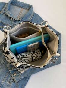 Cartoon Rabbit Pattern Shoulder Tote Bag Colourblock Chain & Faux Pearl Decor Double Handle For Daily