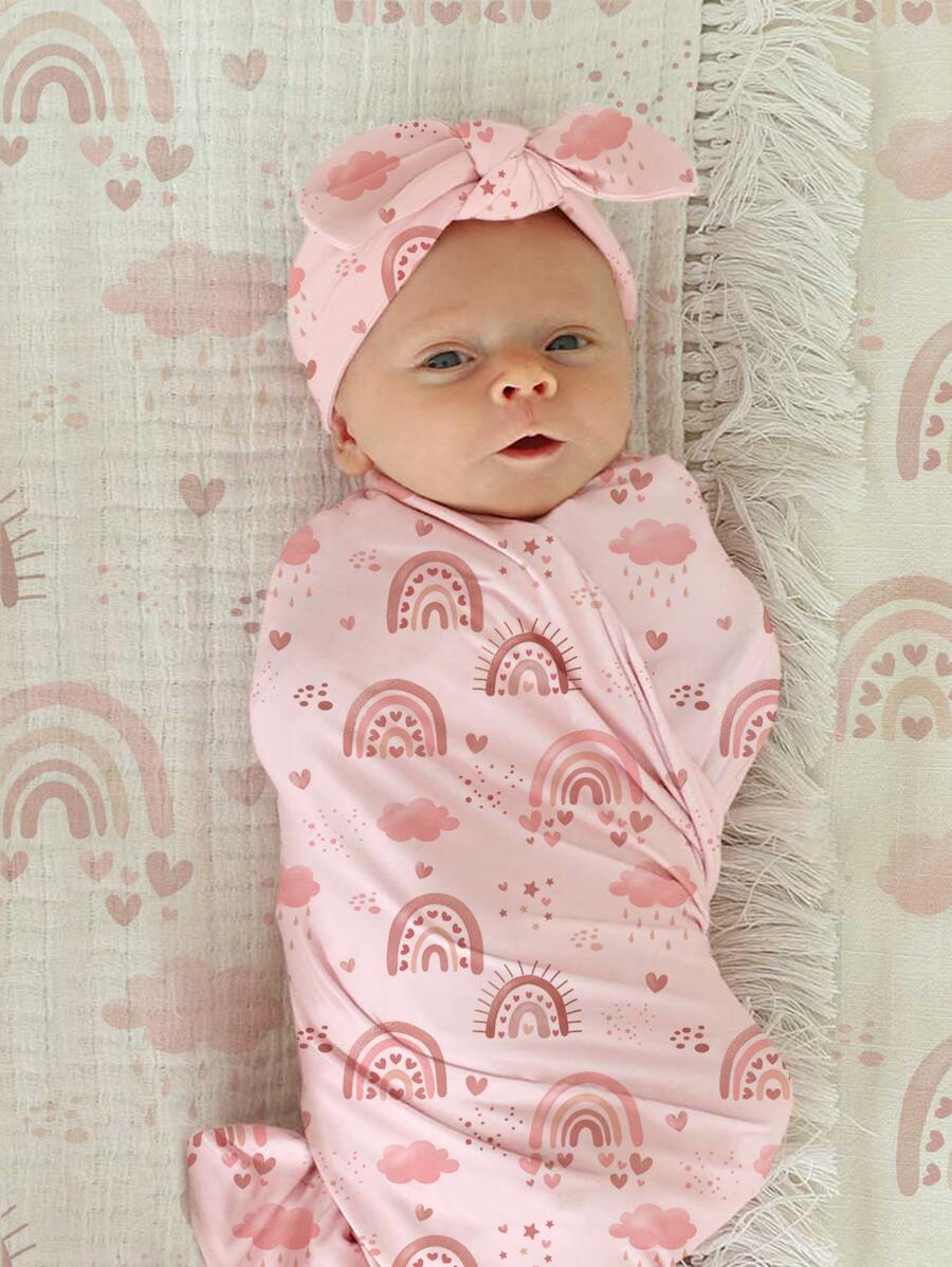 SHEIN 女寶寶新生兒攝影彩虹印花毯子,配有帽子