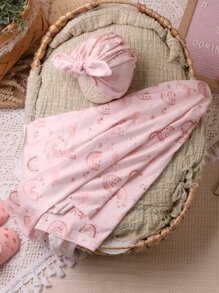 SHEIN 女寶寶新生兒攝影彩虹印花毯子,配有帽子