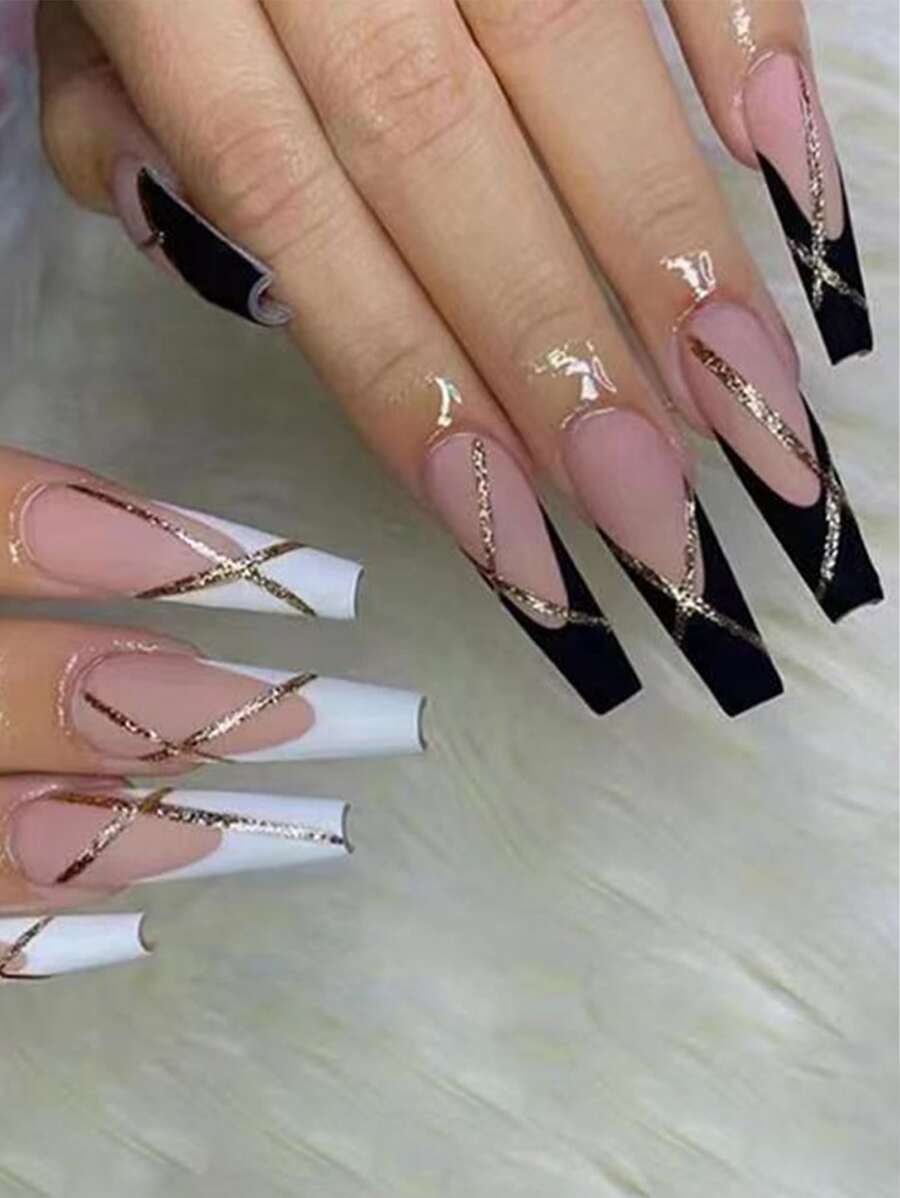 使用24入組長棺材黑白法式閃光細節假指甲和1入組指甲銼和1張指甲膠帶打造迷人魅力 - 彩色 - 查看 1