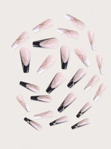 使用24入組長棺材黑白法式閃光細節假指甲和1入組指甲銼和1張指甲膠帶打造迷人魅力 - 彩色 - 查看 3