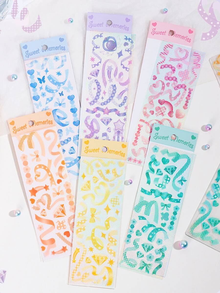 6pcs Ribbon & Diamond Pattern Assorted Sticker, Simple Multi-Purpose Sticker For DIY Craft At Home Back To School - Multicolor - View 1