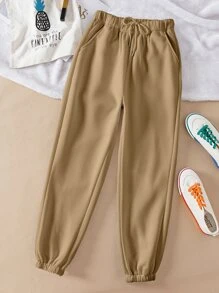 SHEIN LUNE Quần thể thao nữ Dây kéo Thắt nơ trước màu trơn - Màu Khaki - Xem 1