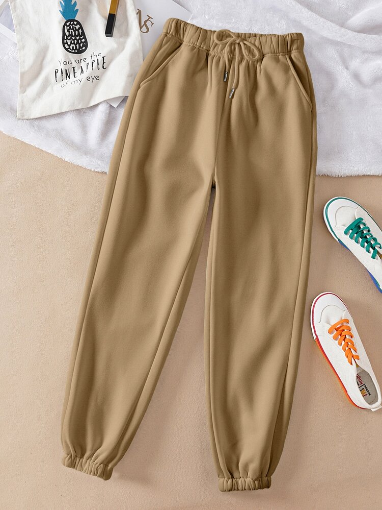 SHEIN LUNE Quần thể thao nữ Dây kéo Thắt nơ trước màu trơn - Màu Khaki - Xem 1