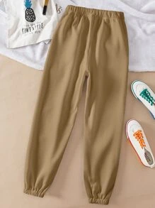 SHEIN LUNE Quần thể thao nữ Dây kéo Thắt nơ trước màu trơn - Màu Khaki - Xem 2