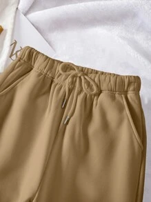 SHEIN LUNE Quần thể thao nữ Dây kéo Thắt nơ trước màu trơn - Màu Khaki - Xem 5