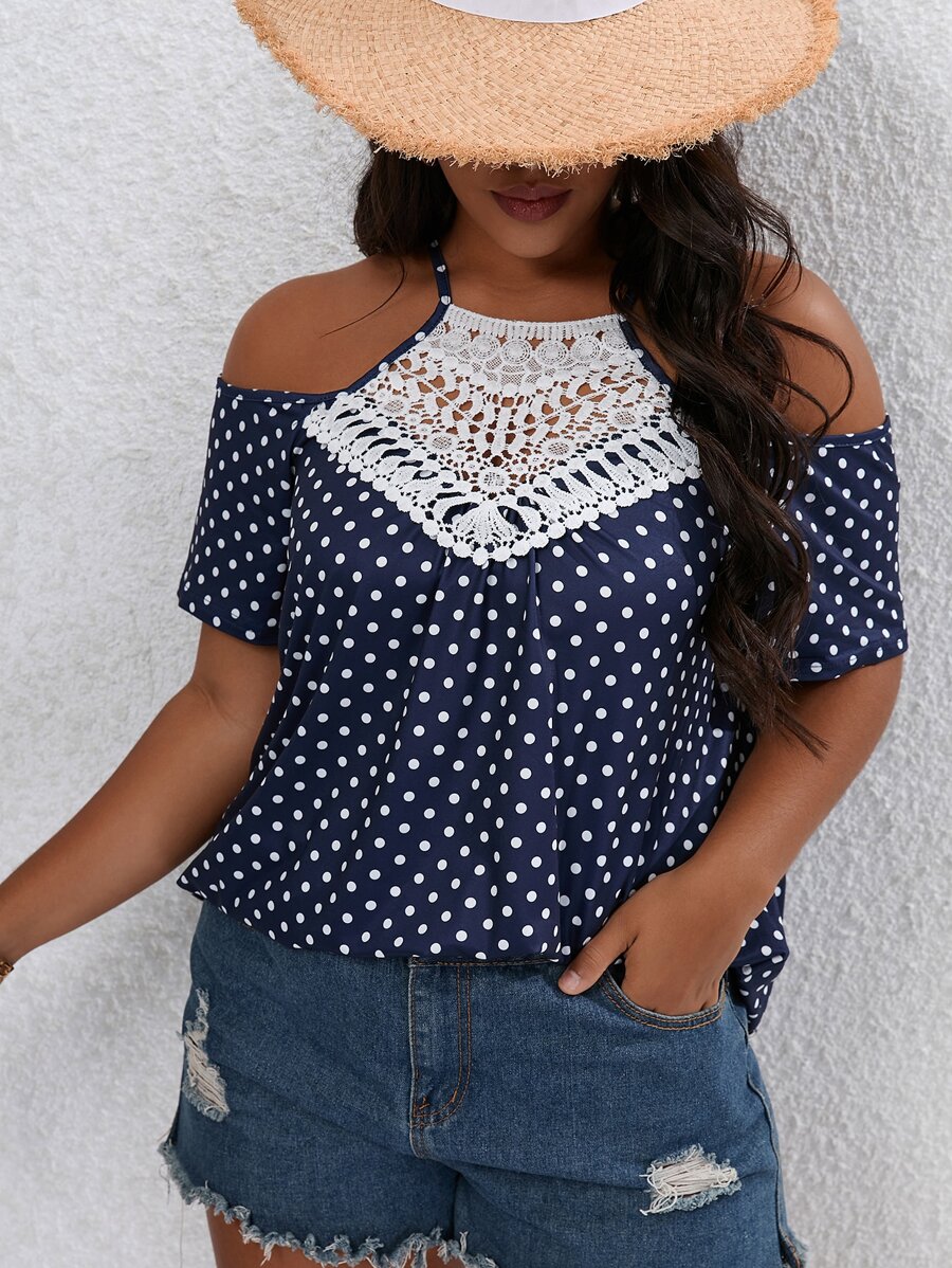 SHEIN LUNE Plus Polka Dot Contrast Guipure Lace Cold Shoulder Tee - Blue - View 1