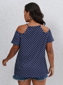 SHEIN LUNE Plus Polka Dot Contrast Guipure Lace Cold Shoulder Tee - Blue - View 2