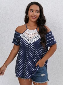 SHEIN LUNE Plus Polka Dot Contrast Guipure Lace Cold Shoulder Tee - Blue - View 3