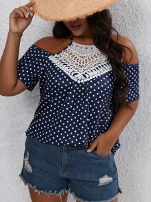 SHEIN LUNE Plus Polka Dot Contrast Guipure Lace Cold Shoulder Tee - Blue - View 4