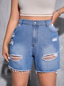 SHEIN Essnce 大碼破洞毛邊牛仔短褲 - 中等水洗藍 - 查看 3