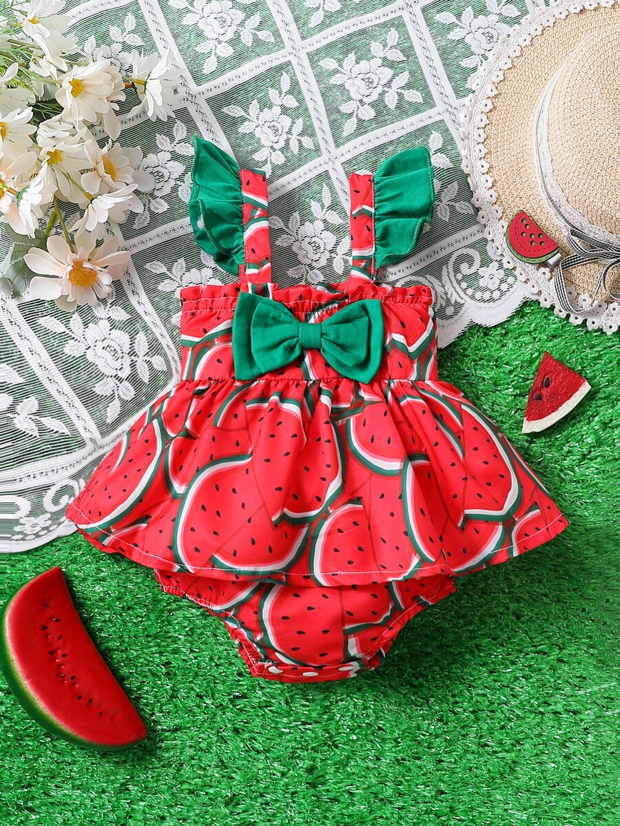 Bebé Vestido body con estampado de sandía con lazo delantero ribete con fruncido - Rojo - Ver 1