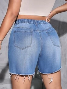 SHEIN Essnce 大碼破洞毛邊牛仔短褲 - 中等水洗藍 - 查看 4