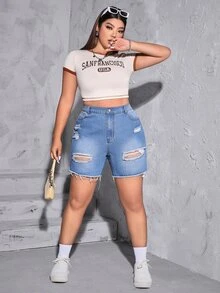 SHEIN Essnce 大碼破洞毛邊牛仔短褲 - 中等水洗藍 - 查看 5