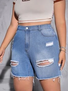 SHEIN Essnce 大碼破洞毛邊牛仔短褲 - 中等水洗藍 - 查看 6