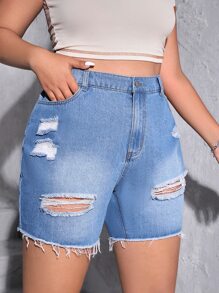 SHEIN Essnce 大碼破洞毛邊牛仔短褲 - 中等水洗藍 - 查看 1