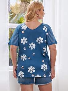 大碼印花網紗拼接插肩袖T恤 - 藍色 - 查看 2