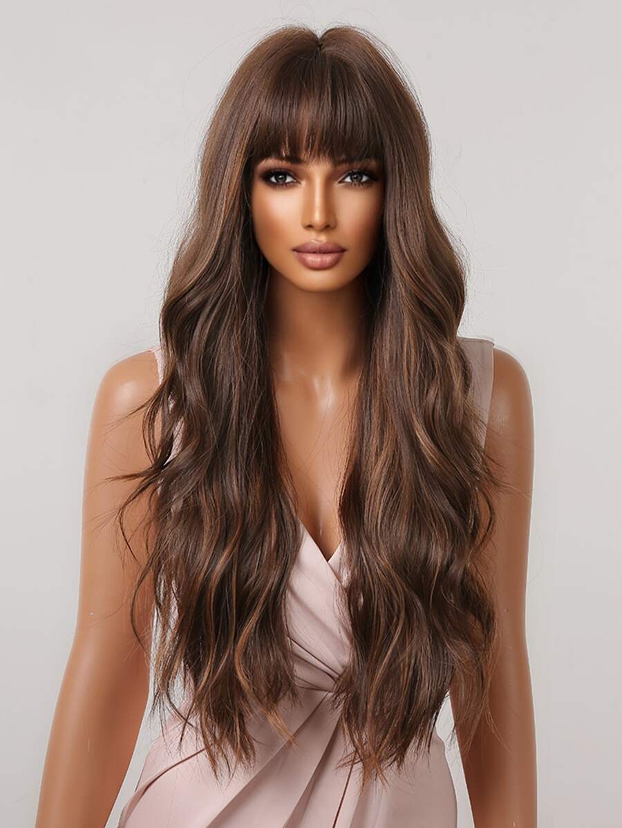 HAIRCUBE Peluca rizada ondulada de pelo largo con reflejos marrones de 26 pulgadas con flequillo, pelucas sintéticas de aspecto natural - Color Piano - Ver 1