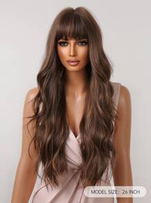 HAIRCUBE Peluca rizada ondulada de pelo largo con reflejos marrones de 26 pulgadas con flequillo, pelucas sintéticas de aspecto natural - Color Piano - Ver 3