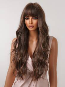 HAIRCUBE Peluca rizada ondulada de pelo largo con reflejos marrones de 26 pulgadas con flequillo, pelucas sintéticas de aspecto natural - Color Piano - Ver 4