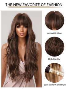HAIRCUBE Peluca rizada ondulada de pelo largo con reflejos marrones de 26 pulgadas con flequillo, pelucas sintéticas de aspecto natural - Color Piano - Ver 6