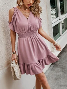 SHEIN LUNE Cold Shoulder Ruffle Hem Dress