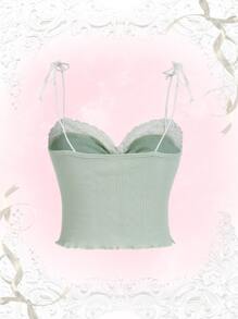 蕾絲拼接褶邊肩上打結吊帶上衣 - 薄荷綠 - 查看 2