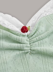 蕾絲拼接褶邊肩上打結吊帶上衣 - 薄荷綠 - 查看 3