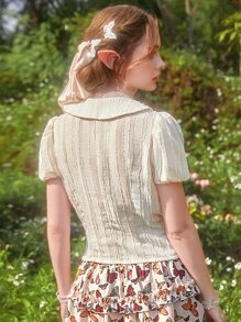 ROMWE Fairycore Áo sơ mi nữ Tương phản ren Nút phía trước màu trơn Dễ thương - Màu be - Xem 2