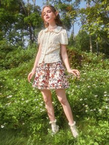 ROMWE Fairycore Áo sơ mi nữ Tương phản ren Nút phía trước màu trơn Dễ thương - Màu be - Xem 3