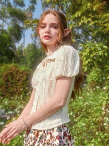 ROMWE Fairycore Áo sơ mi nữ Tương phản ren Nút phía trước màu trơn Dễ thương - Màu be - Xem 6