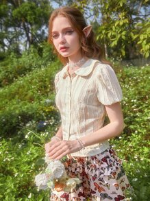 ROMWE Fairycore Áo sơ mi nữ Tương phản ren Nút phía trước màu trơn Dễ thương - Màu be - Xem 7