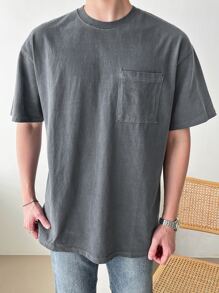 DAZY Men Cotton Solid Pocket Patched Tee - Grey - View 1