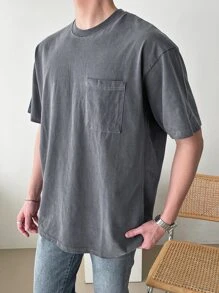 DAZY Men Cotton Solid Pocket Patched Tee - Grey - View 6