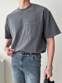 DAZY Men Cotton Solid Pocket Patched Tee - Grey - View 7