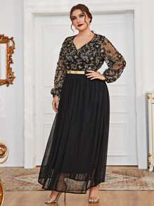 Modelyn 大碼花卉刺繡網紗覆蓋腰帶伴娘連衣裙 - 黑色 - 查看 3