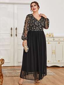 Modelyn 大碼花卉刺繡網紗覆蓋腰帶伴娘連衣裙 - 黑色 - 查看 6