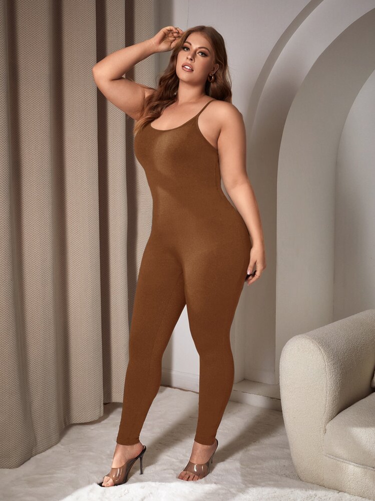 SHEIN SXY Jumpsuits Plus Size Gân đan màu trơn Giải trí - màu nâu - Xem 4