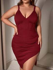 SHEIN SXY Đầm Plus Size Bất đối xứng Xù màu trơn Gợi cảm - Màu Đỏ Sâu - Xem 1