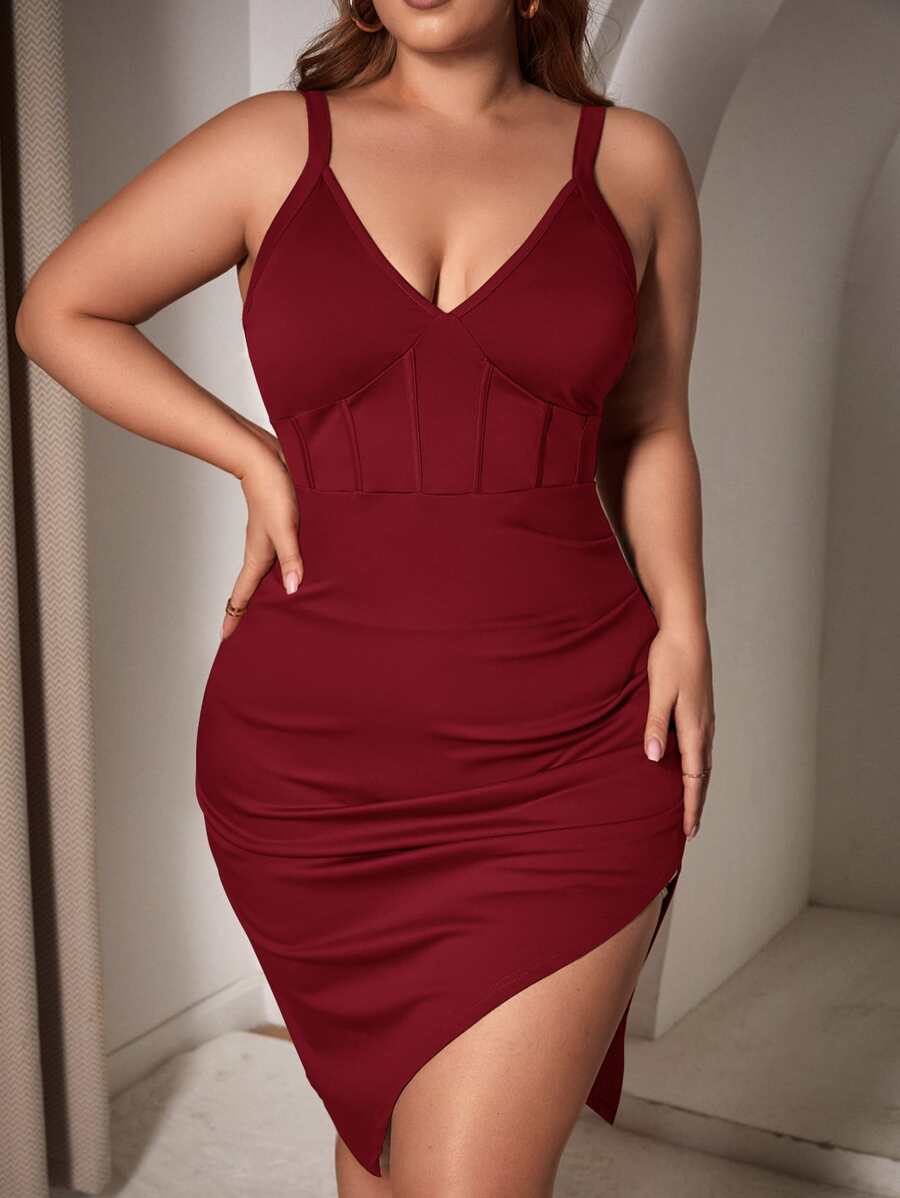 SHEIN SXY Đầm Plus Size Bất đối xứng Xù màu trơn Gợi cảm - Màu Đỏ Sâu - Xem 1