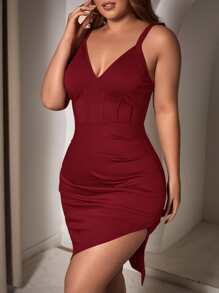 SHEIN SXY Đầm Plus Size Bất đối xứng Xù màu trơn Gợi cảm - Màu Đỏ Sâu - Xem 3