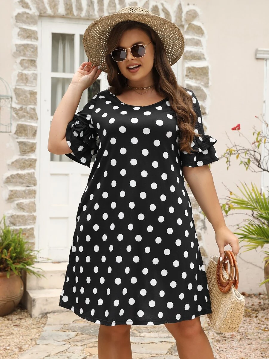 Đầm Plus Size Xù phân lớp Chấm bi Giải trí - Đen và trắng - Xem 1